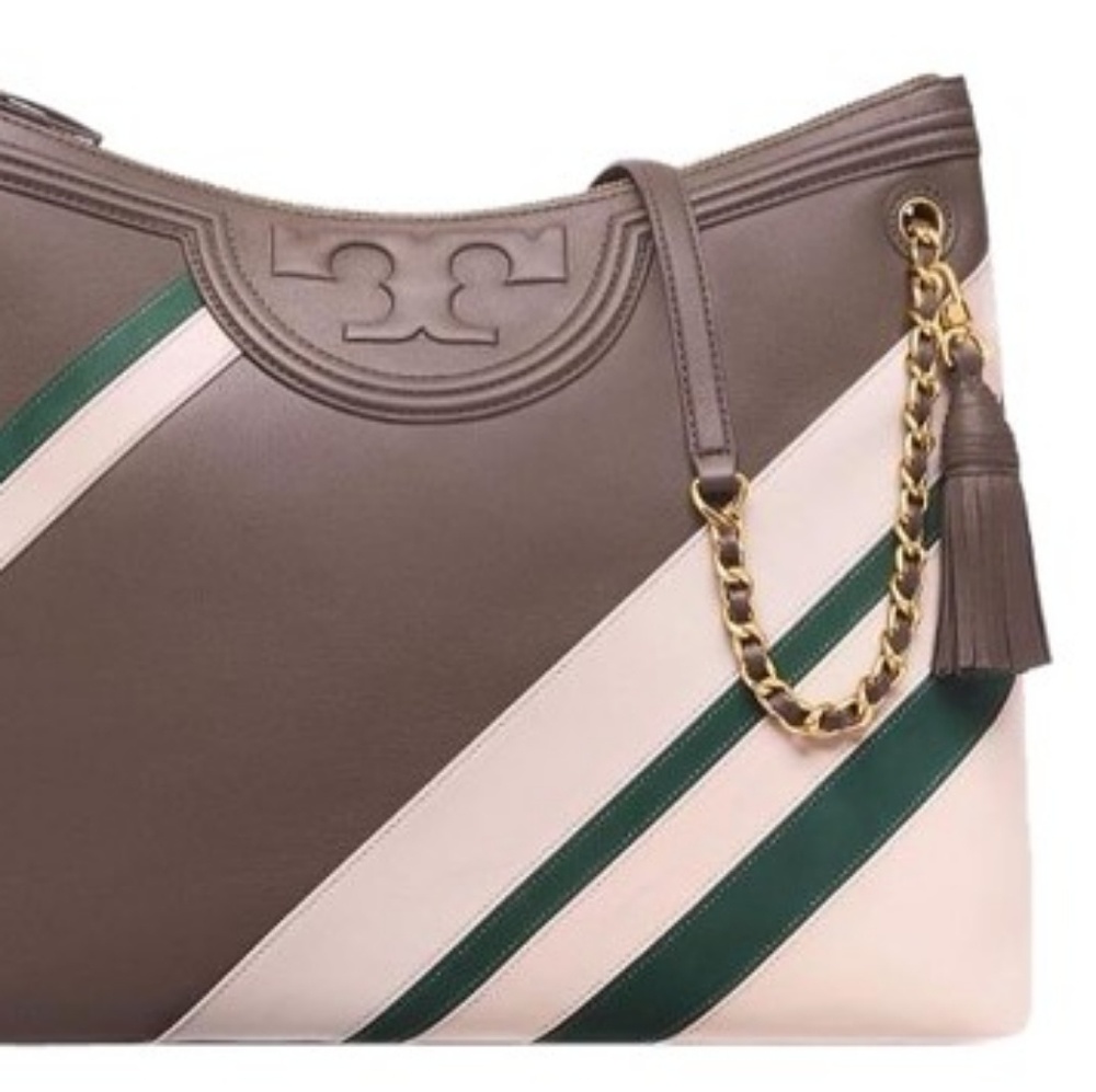 Tory Burch Fleming Dark Nicotine Stripe Tote